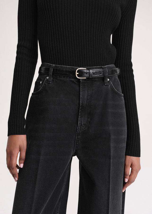 Slim trouser leather belt black croco