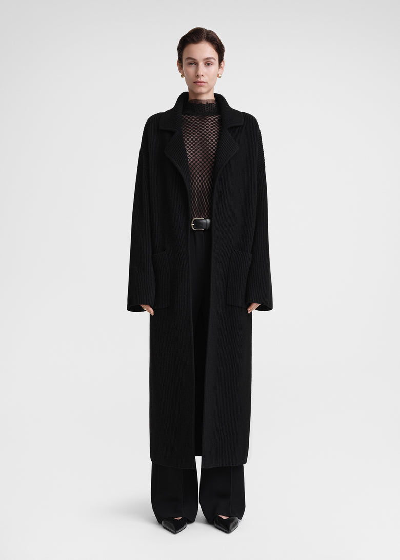 Rib-knit cardi coat black