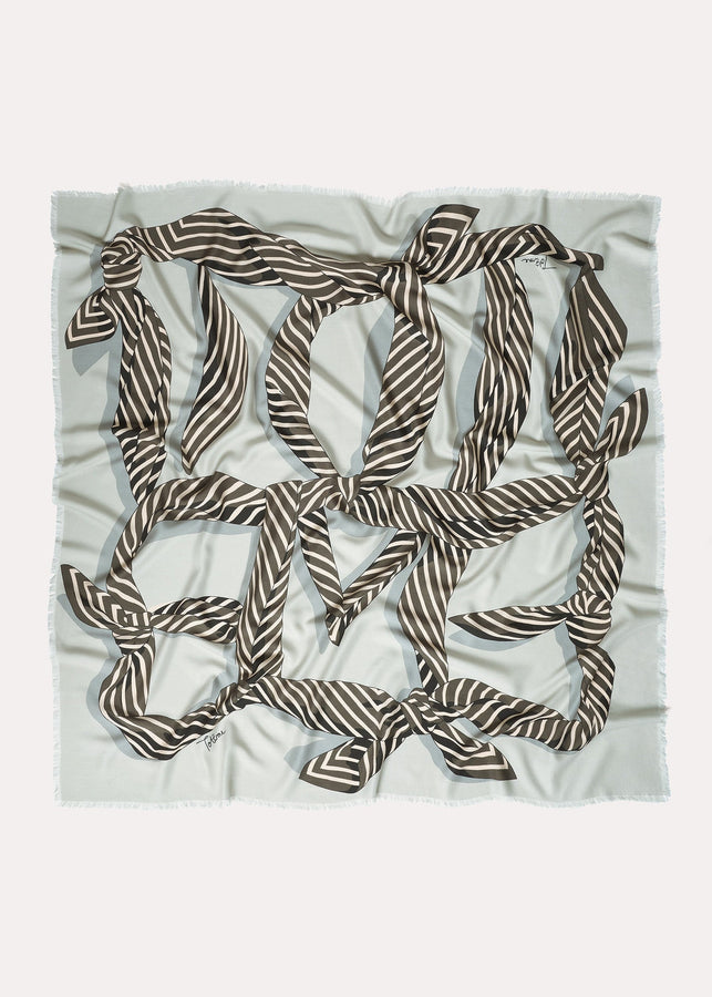 Knotted monogram wool silk blanket scarf silver grey